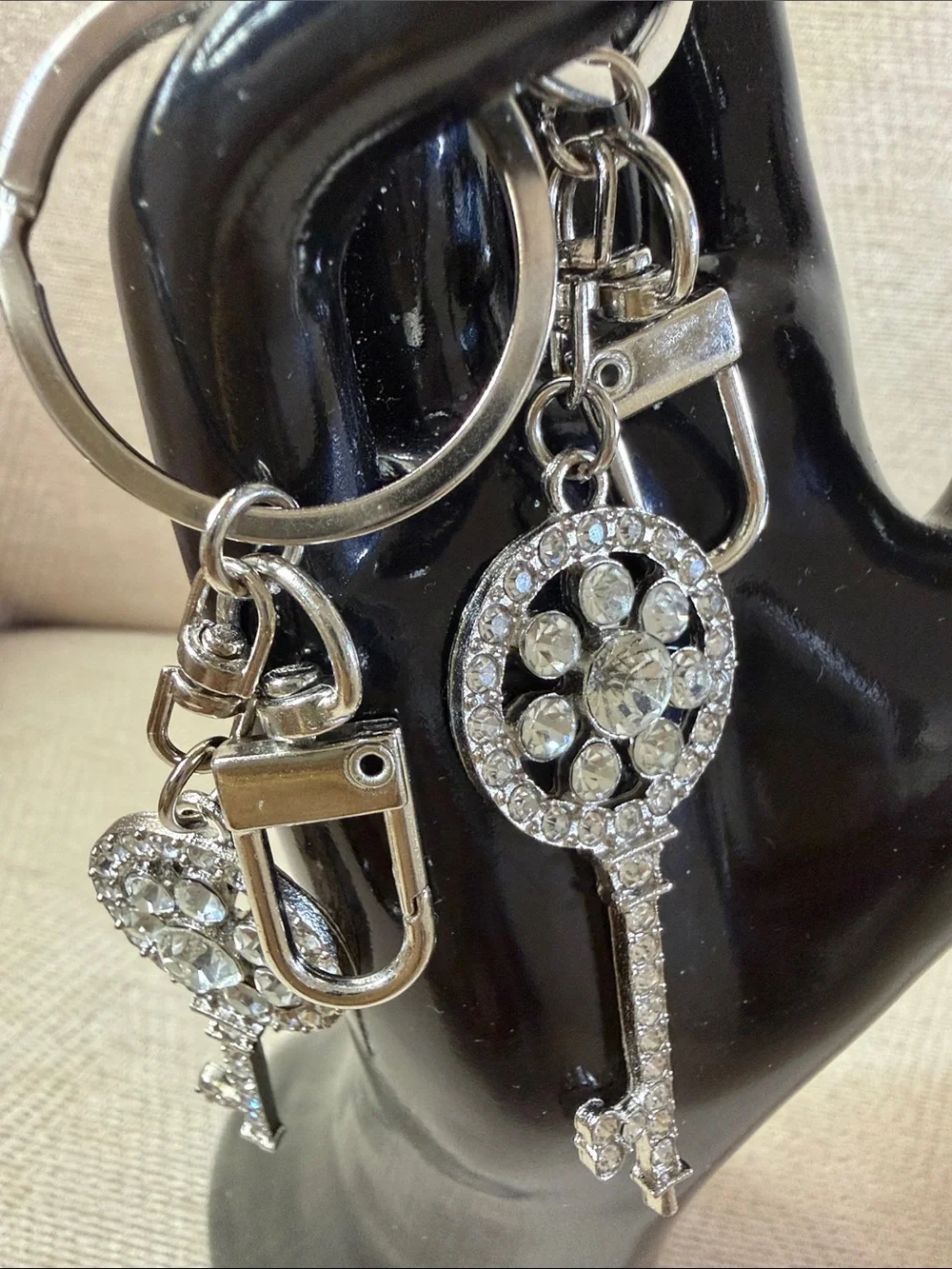 Rhinestone Key Charm Keychain - Silver Crystal Key Design (2)